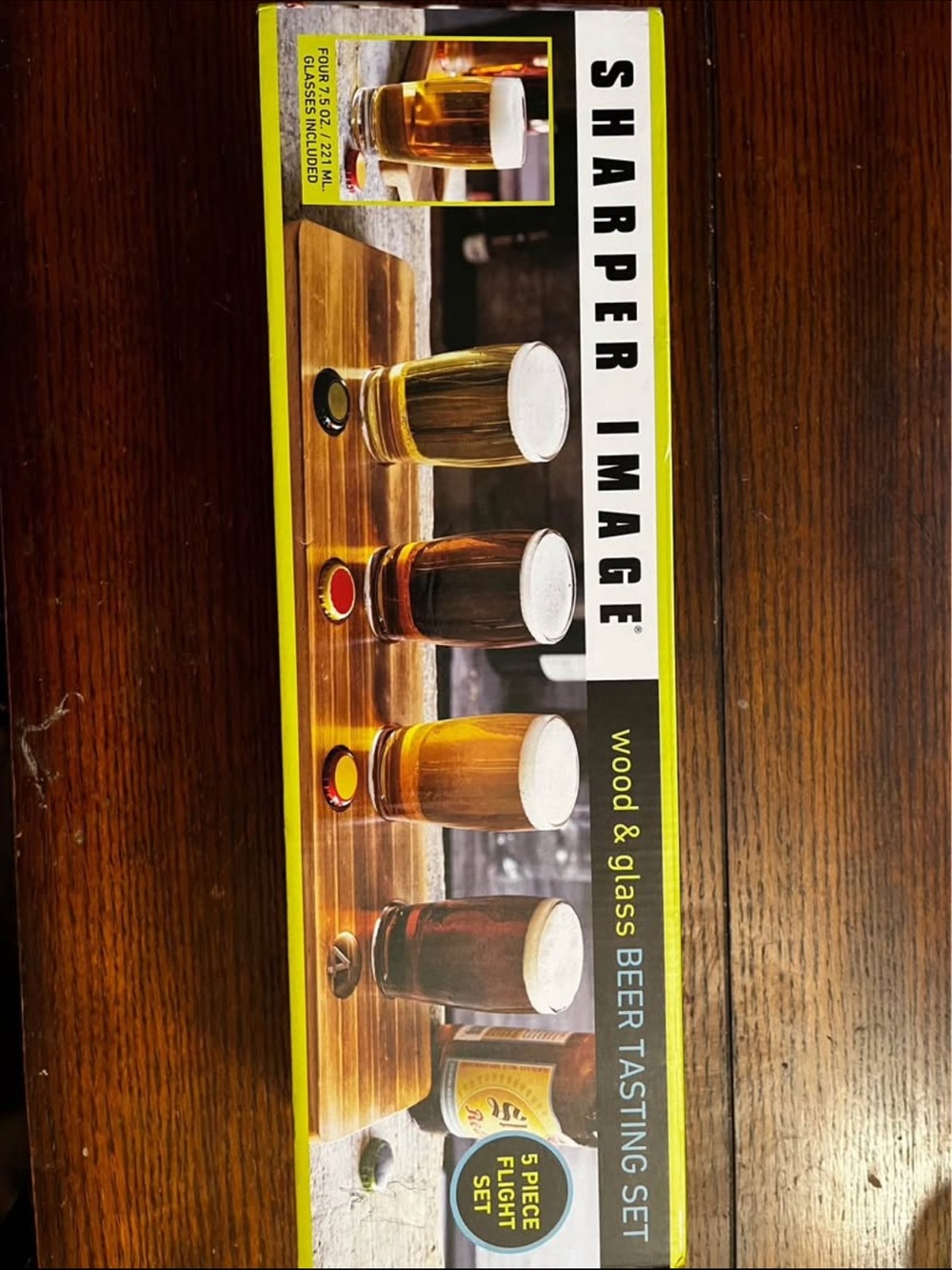 Sharper Image Amber Glass Beer Tasting Set with Wood Flight Board